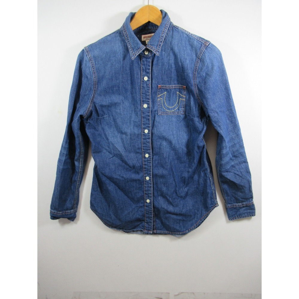 True Religion Western Denim Shirt Women Medium Blue Horseshoe Long Sleeve